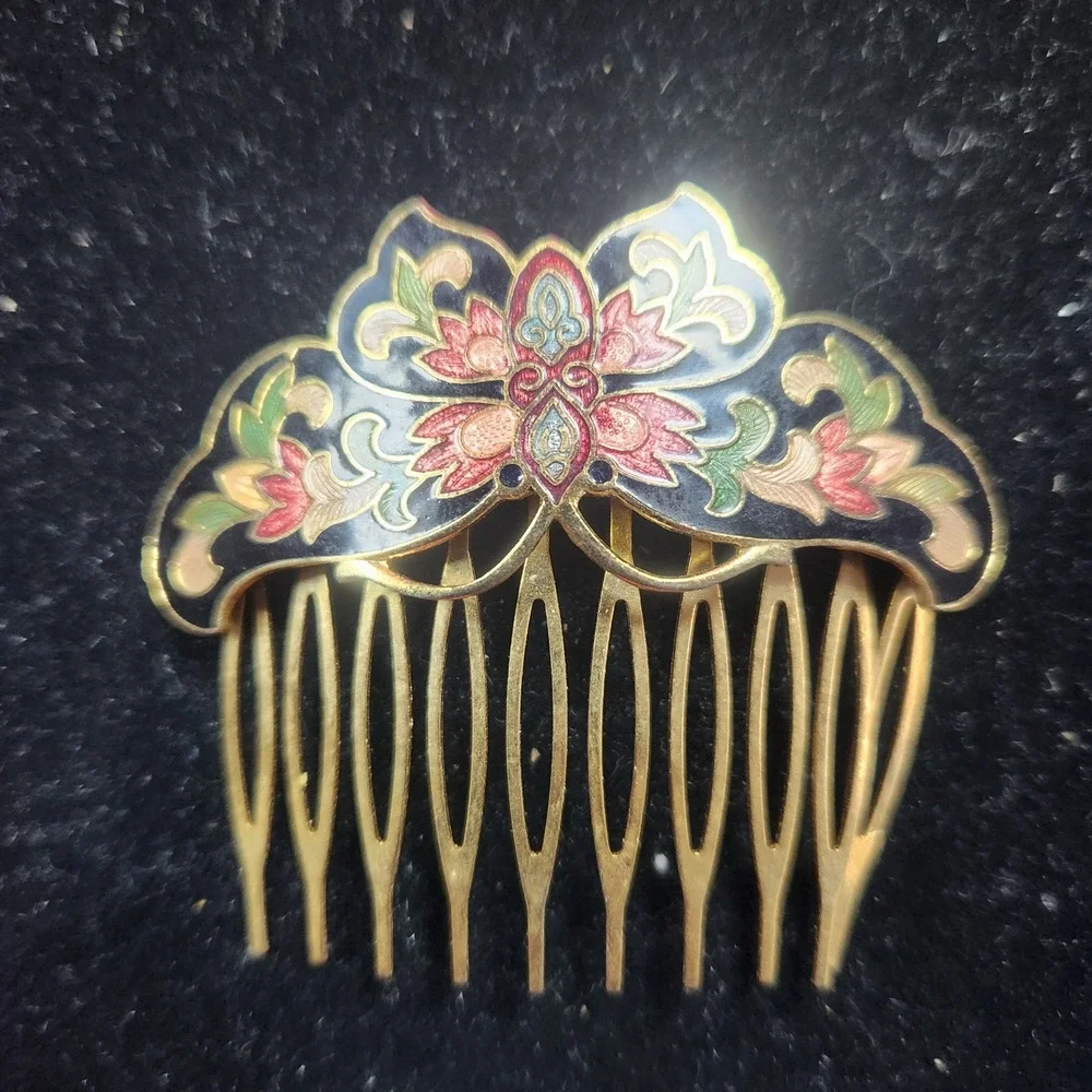 Vintage Cloisonne Enamel Butterfly Hair Comb Gold Tone Pink Green Floral 2.5